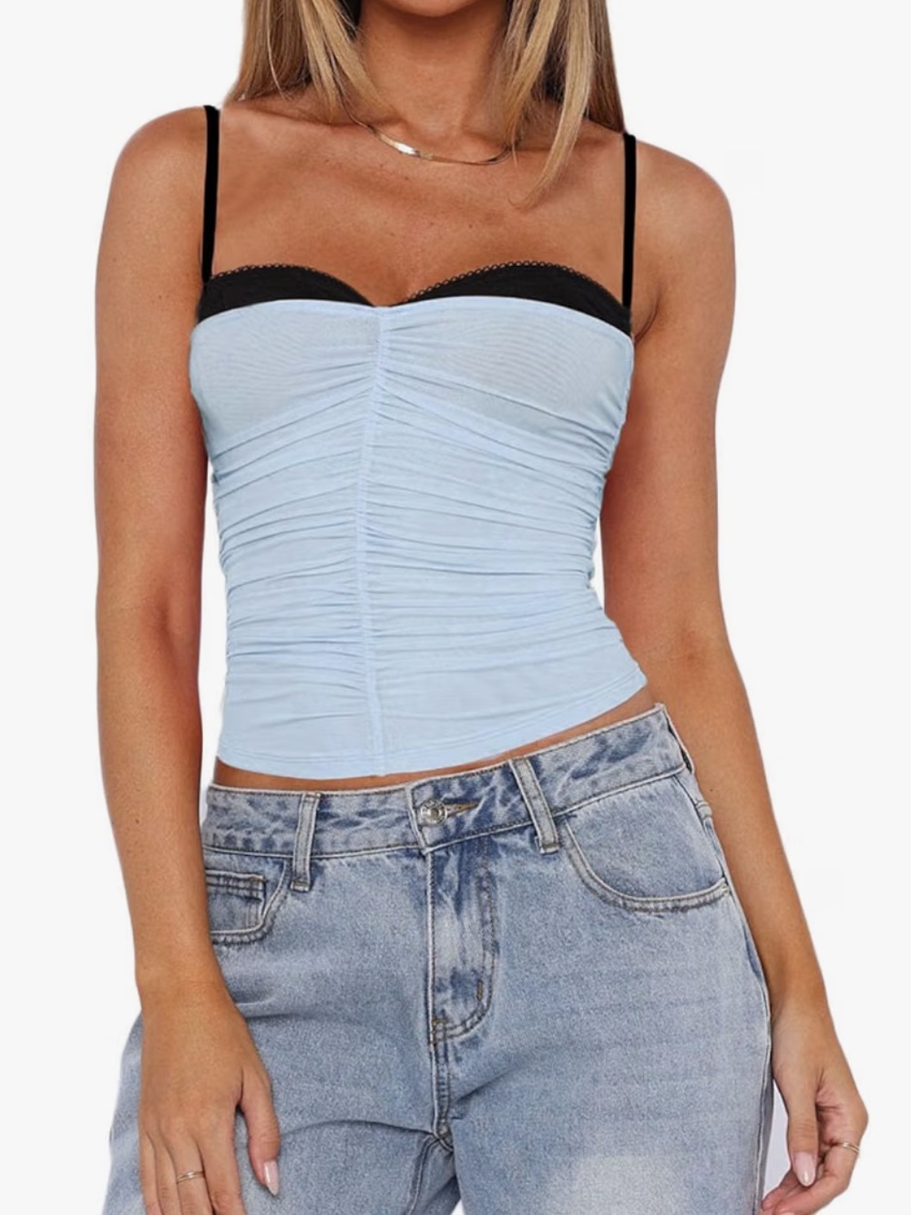 Light Blue Ruched Sweetheart Crop Top with Black Trim - small